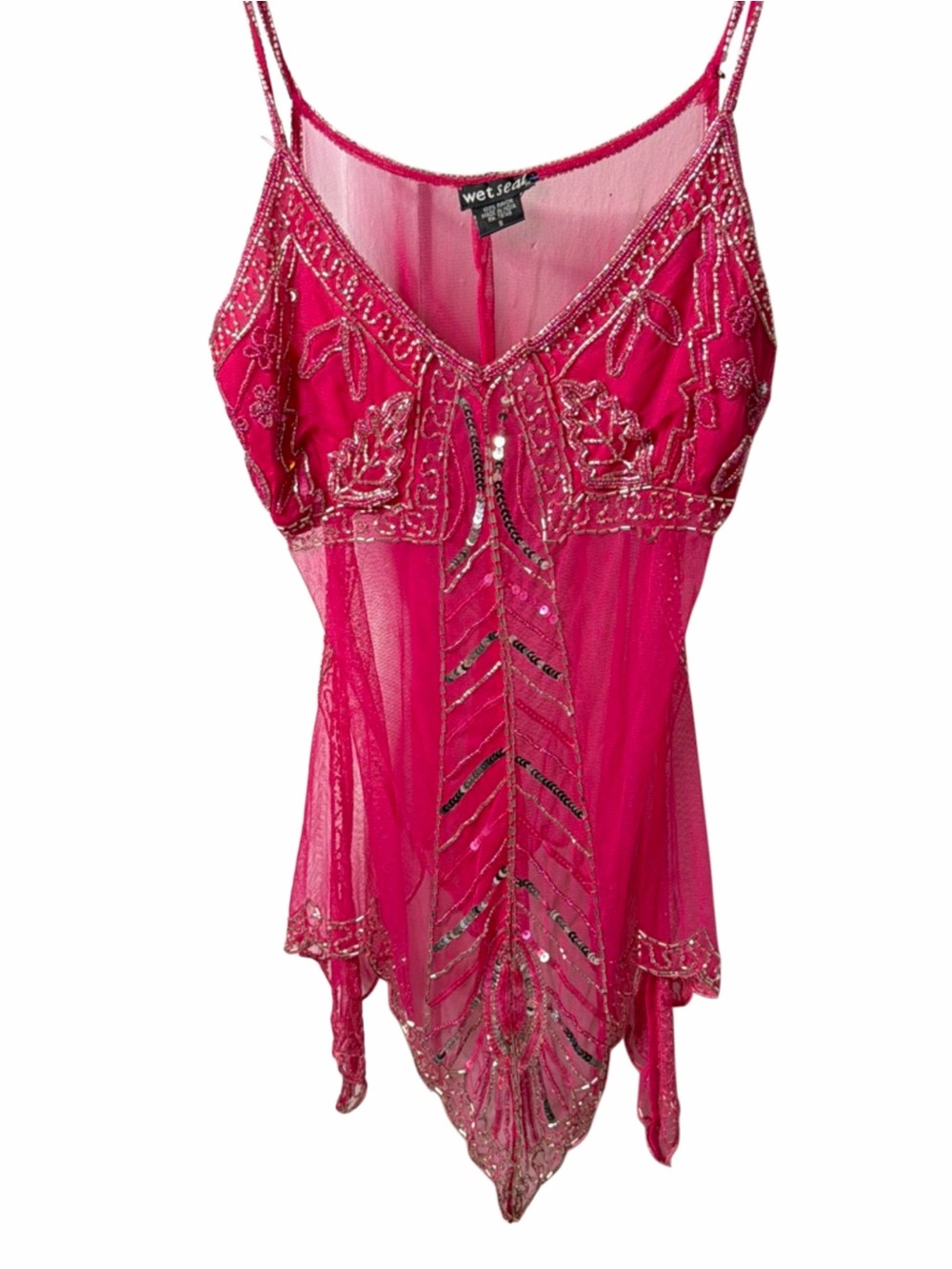 Wet Seal Fuchsia Beaded Mesh Spaghetti-Strap Cami - Picture 3 of 5